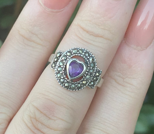 Sterling Silver 925 Amethyst and Marcasite Ring