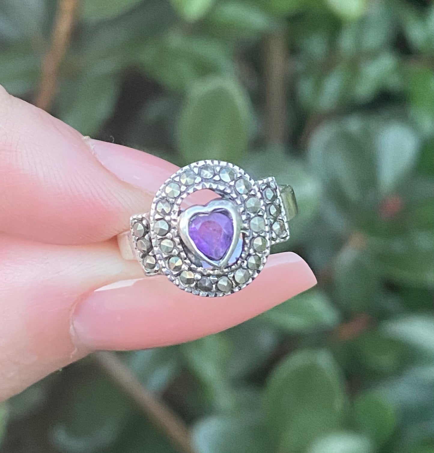 Sterling Silver 925 Amethyst and Marcasite Ring